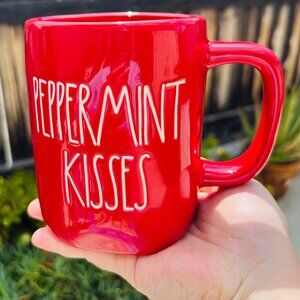 Rae Dunn Ceramic Coffee Tea Red Mug White Letters "Peppermint Kisses" #202, 16oz